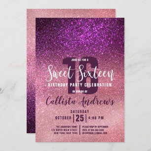 Girly Magenta Pink Triple Glitter Ombre Sweet 16 Invitation