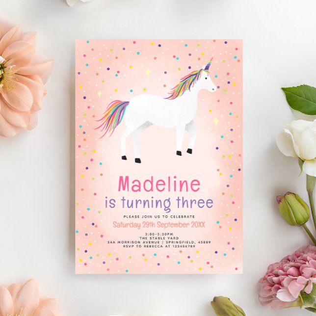 Girly Magical Cute Pink Unicorn Kids Birthday Invitation (Creator Uploaded)