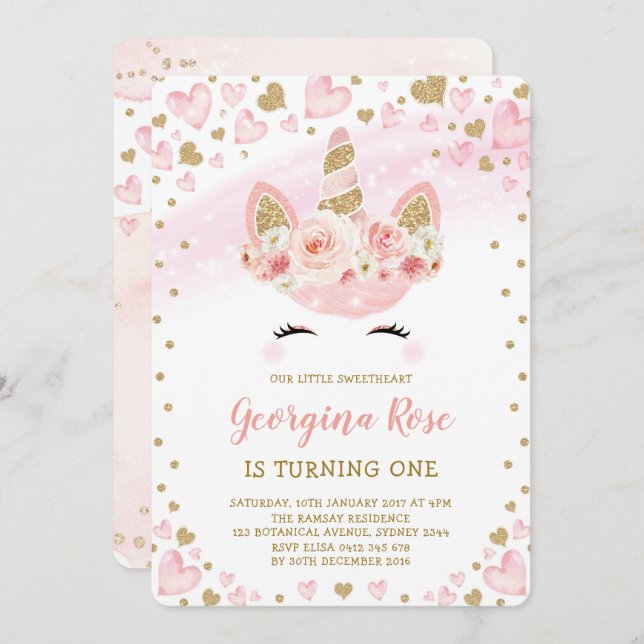 Girly Magical Unicorn Birthday Pink Gold Hearts Invitation (Front/Back)
