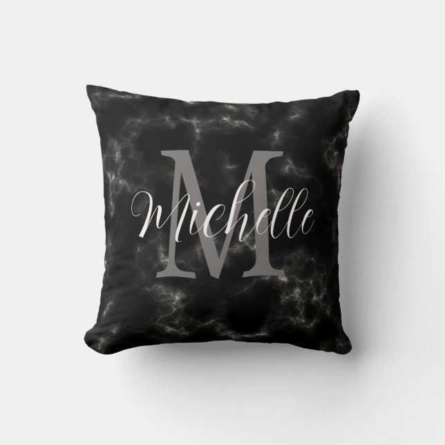 Girly marble Black and White Monogram and Name   Cushion (Front)