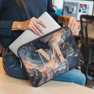 Girly Marble Glitter Agate Gold Monogram Initial Laptop Sleeve