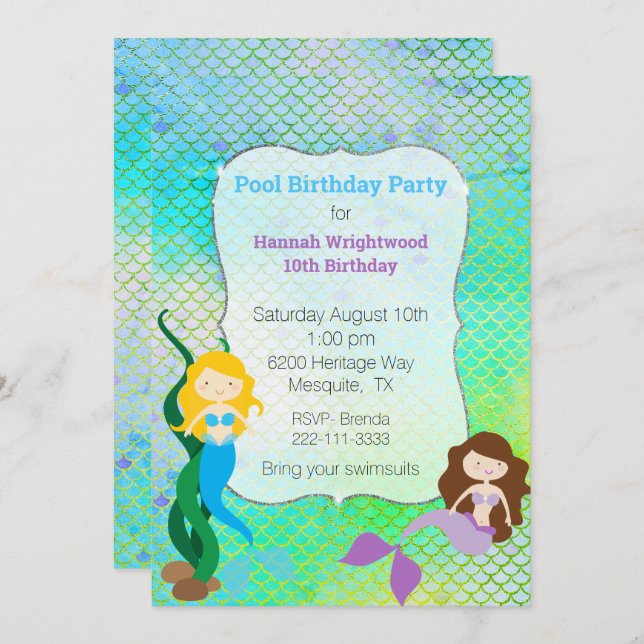 Girly Mermaid Birthday Pool Party Invitation (Front/Back)