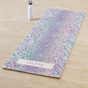 Girly Mermaid Glitter Leopard Print Monogram Name Yoga Mat