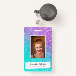 Girly mermaid purple glitter chic turquoise ombre ID badge
