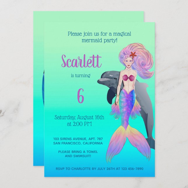 Girly Mermaid Rainbow Fairytale Birthday Photo  Invitation (Front/Back)
