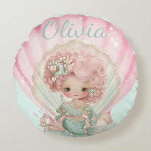 Girly Mermaid Seashell Lovers Name  Round Cushion