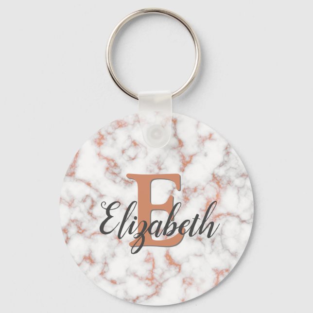 Girly Metallic Copper Marble Monogram Key Ring (Front)