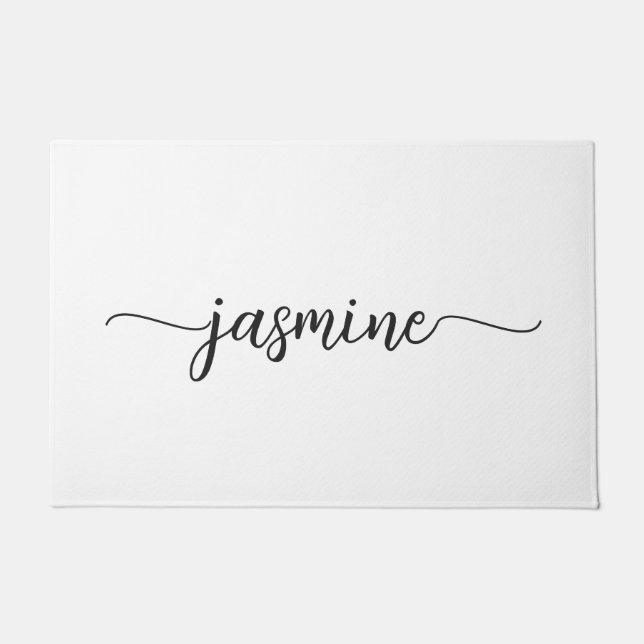 Girly Minimal White Custom Monogram Name Script Doormat (Front)