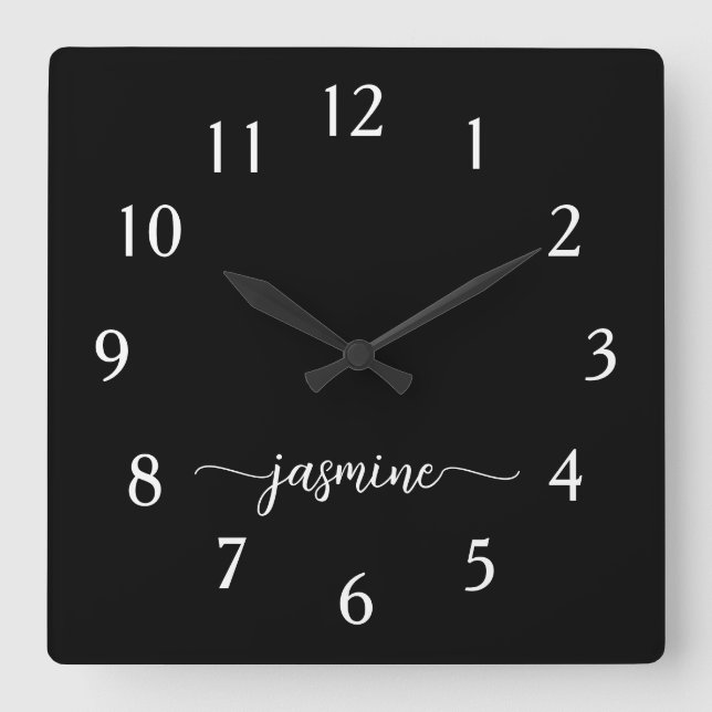 Girly Minimalist Monogram Name Script Black  Square Wall Clock (Front)