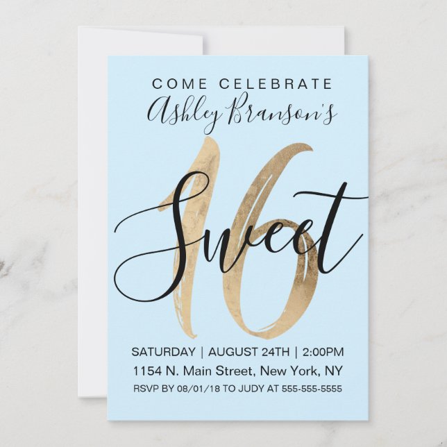 Girly Mint Blue Faux Gold Foil Sweet 16 Invitation (Front)