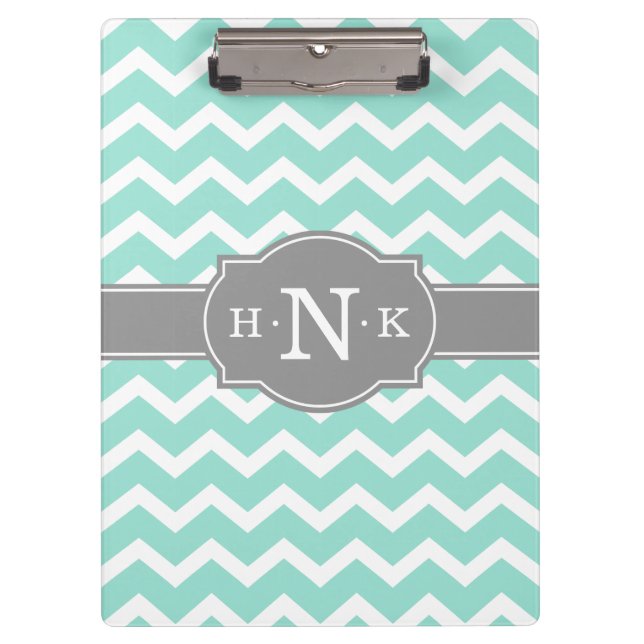 Girly Mint Chevron Grey Monogram Clipboard (Front)