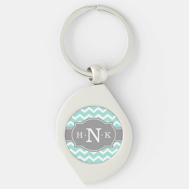 Girly Mint Chevron Grey Monogram Key Ring (Front)