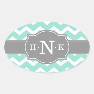 Girly Mint Chevron Grey Monogram Oval Sticker