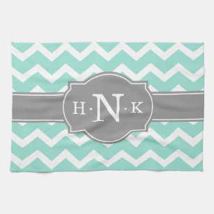 Girly Mint Chevron Grey Monogram Tea Towel