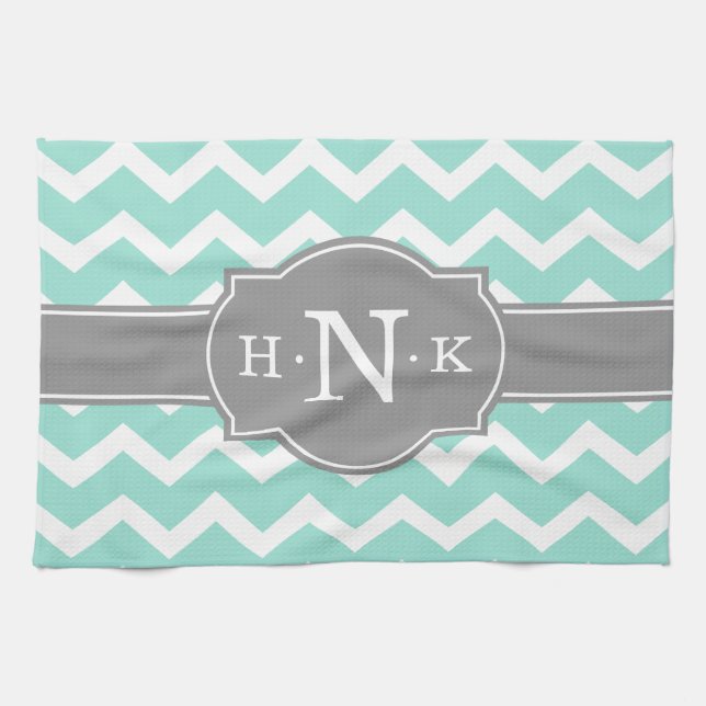 Girly Mint Chevron Grey Monogram Tea Towel (Horizontal)
