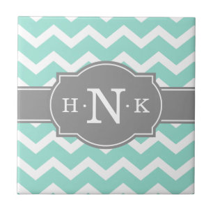 Girly Mint Chevron Grey Monogram Tile