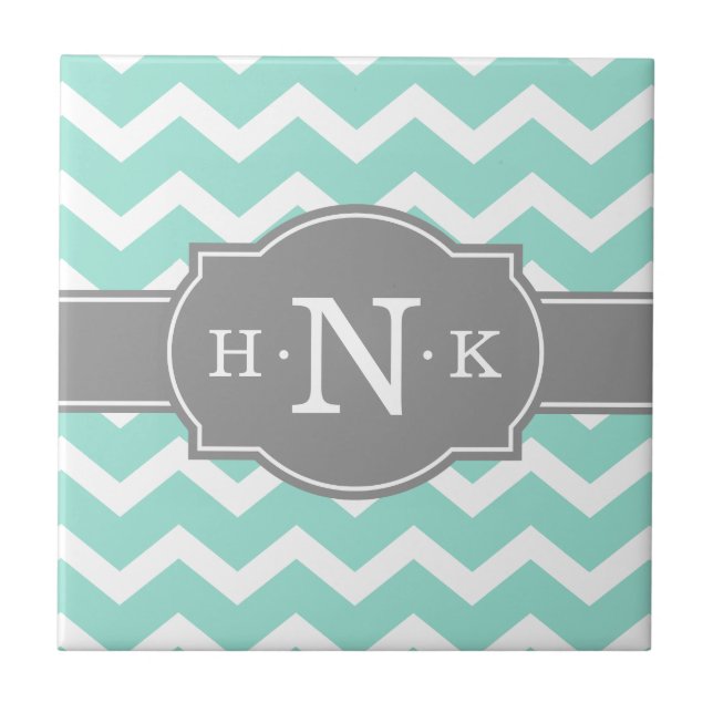 Girly Mint Chevron Grey Monogram Tile (Front)