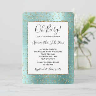 Girly Mint Glam Gold Sparkle Confetti Baby Shower Invitation