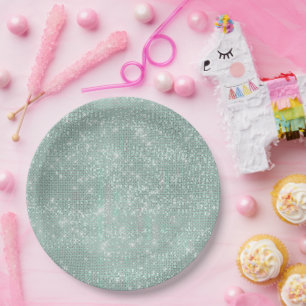 Girly Mint Glitzy Sparkle Paper Plate