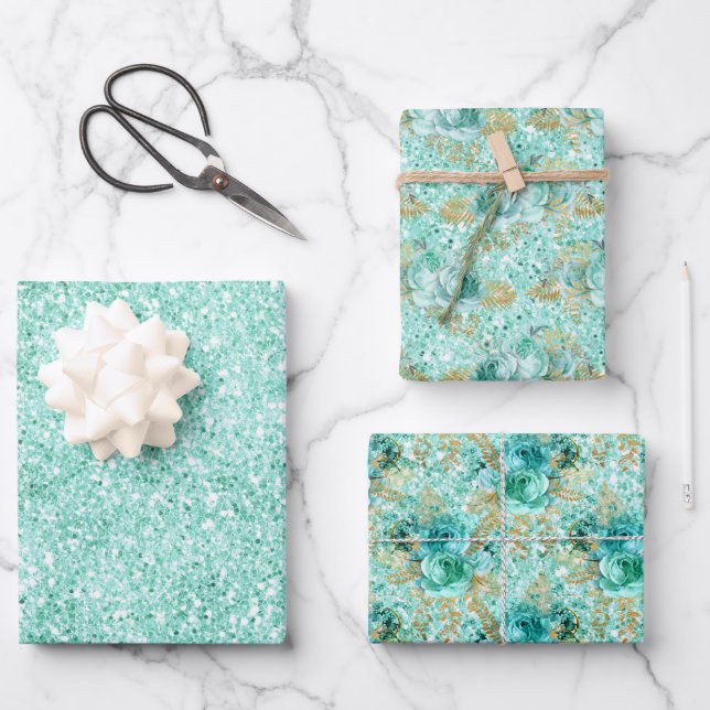 Girly Mint Gold Glitter Floral Wrapping Paper Sheet (Front)