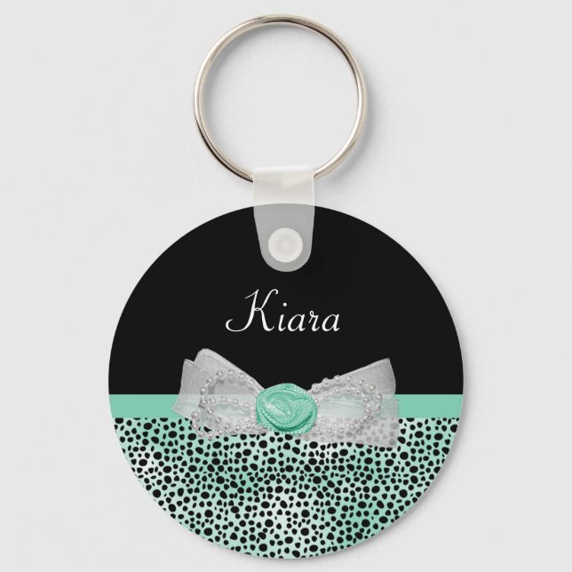 Girly Mint Green Cheetah Print Cute Bow and Name Key Ring (Front)