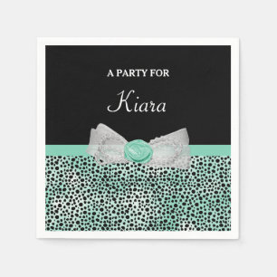 Girly Mint Green Cheetah Print Cute Bow and Name Napkin