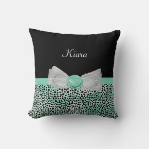 Girly Mint Green Cheetah Print Cute Bow With Name Cushion
