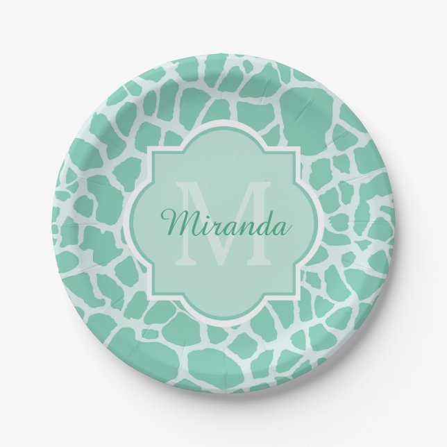 Girly Mint Green Giraffe Print Monogram and Name Paper Plate (Front)