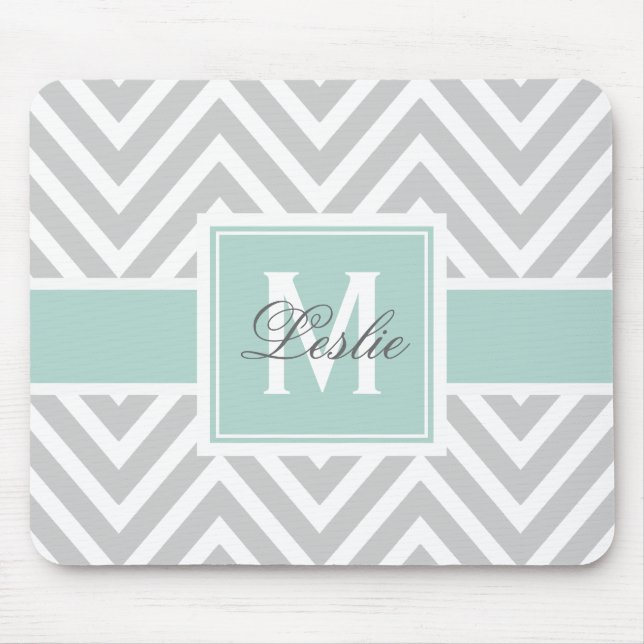Girly Mint Green Grey Chevron Pattern Monogram Mouse Pad (Front)