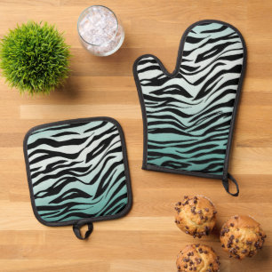 Girly Mint Ombre Black Zebra Print Oven Mitt & Pot Holder Set