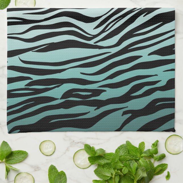 Girly Mint Ombre Black Zebra Print Tea Towel (Folded)
