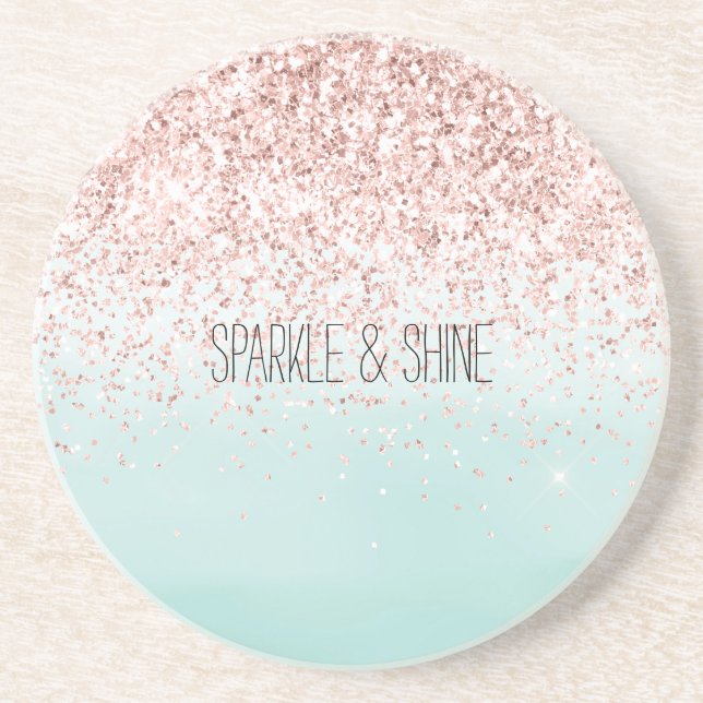 Girly Mint Ombre Glam Pink Glitter Coaster (Front)
