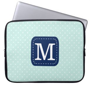 Girly Mint Polka Dots Pattern Custom Monogram Laptop Sleeve
