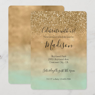 Girly Mint Watercolor Gold Glitter Invitation