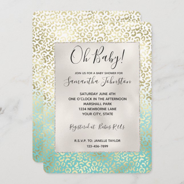 Girly Mint Watercolor Ombre Gold Leopard Print Invitation (Front/Back)