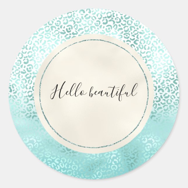 Girly Mint White Glam Ombre Leopard Print Classic Round Sticker (Front)