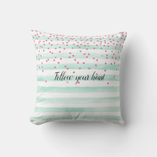 Girly Mint White Stripes Pink Confetti Hearts Cushion