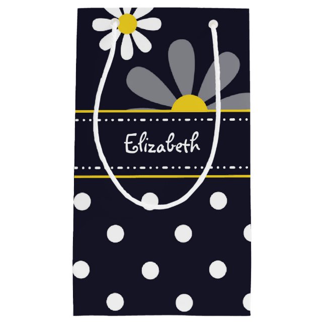 Girly Mod Daisies and Polka Dots With Name Small Gift Bag (Front)