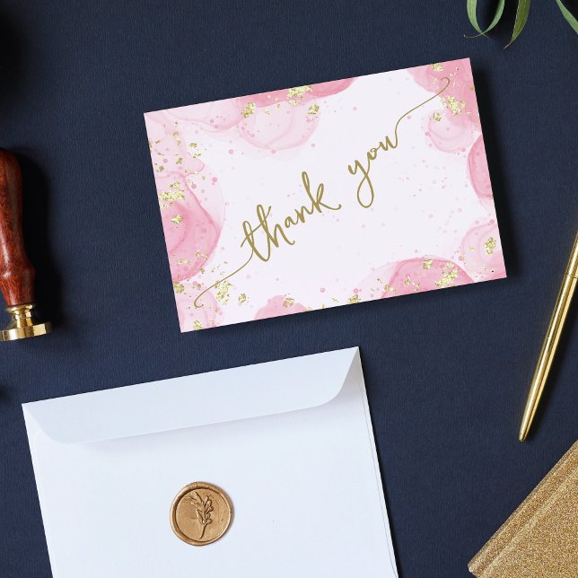 Girly Modern Abstract Pink Ink Faux Gold Glitter Thank You Card (Creator Uploaded)