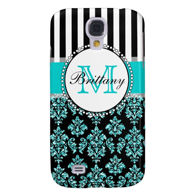 Girly Modern Aqua Teal Glitter Damask Personalised Case-Mate Samsung Galaxy Case (Back)