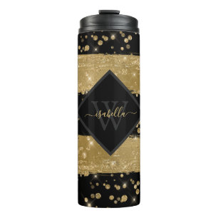 Girly Modern Black Gold Glitter Script Monogram  Thermal Tumbler