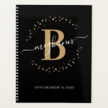 Girly Modern Black Gold Name Script Monogram 2024  Planner<br><div class="desc">Girly, modern, trendy, elegant, black and gold monogram initial name script custom personalised monogrammed beauty salon 2024 or any year planner. Featuring a monogram initial and a girly name script in a hand lettered calligraphy swash tail font and dotted circle frame around your monogram. Great feminine girly gift for birthday,...</div>