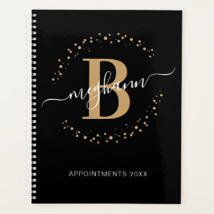 Girly Modern Black Gold Name Script Monogram 2024  Planner