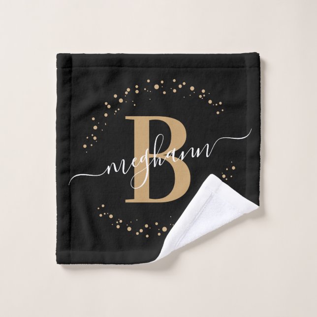 Girly Modern Black Gold Name Script Monogrammed Wash Cloth (Wash Cloth)