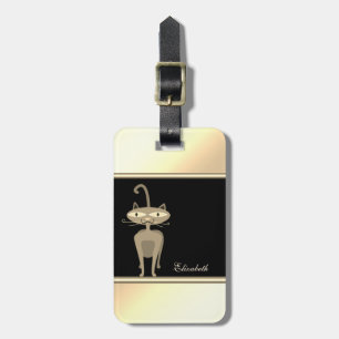 Girly Modern Black,Gold,Whimsical Cat-Personalised Luggage Tag