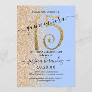 Girly Modern Blue Gold Glitter Ombre Quinceañera Invitation