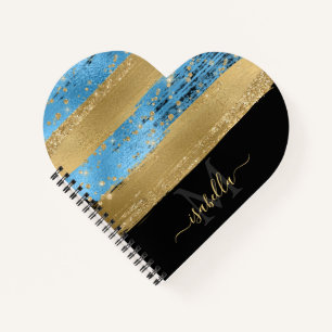 Girly Modern Blue Gold Glitter Script Monogram Notebook