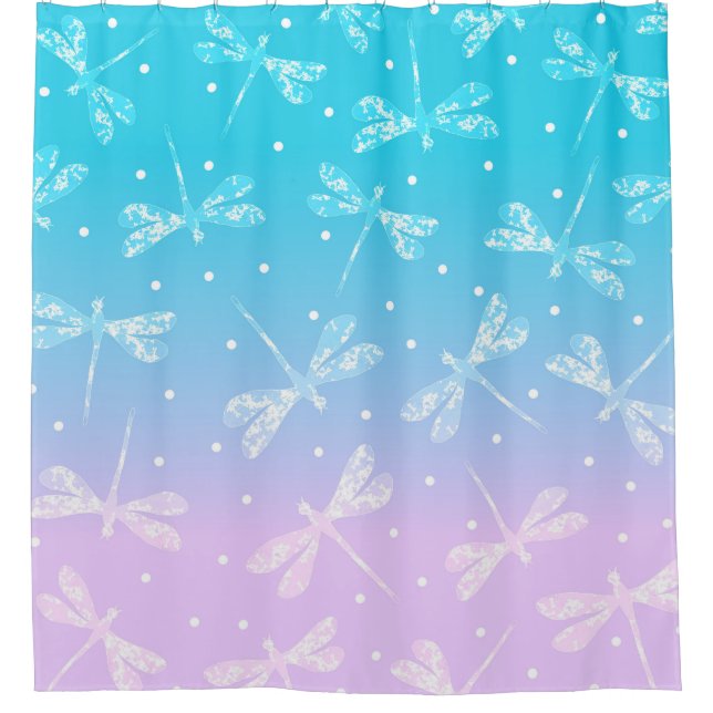 Girly modern blush pink aqua ombre dragonflies shower curtain (Front)