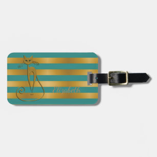 Girly Modern Chic,Glittery Cat -Stripes Luggage Tag