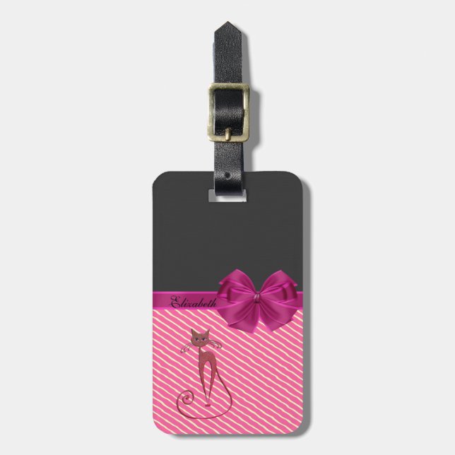 Girly Modern Chic Stripes,Cat-Personalised Luggage Tag (Front Vertical)